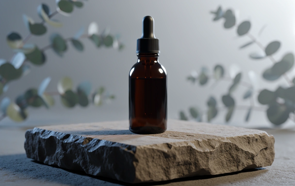 Premium amber glass supplement bottle on limestone base