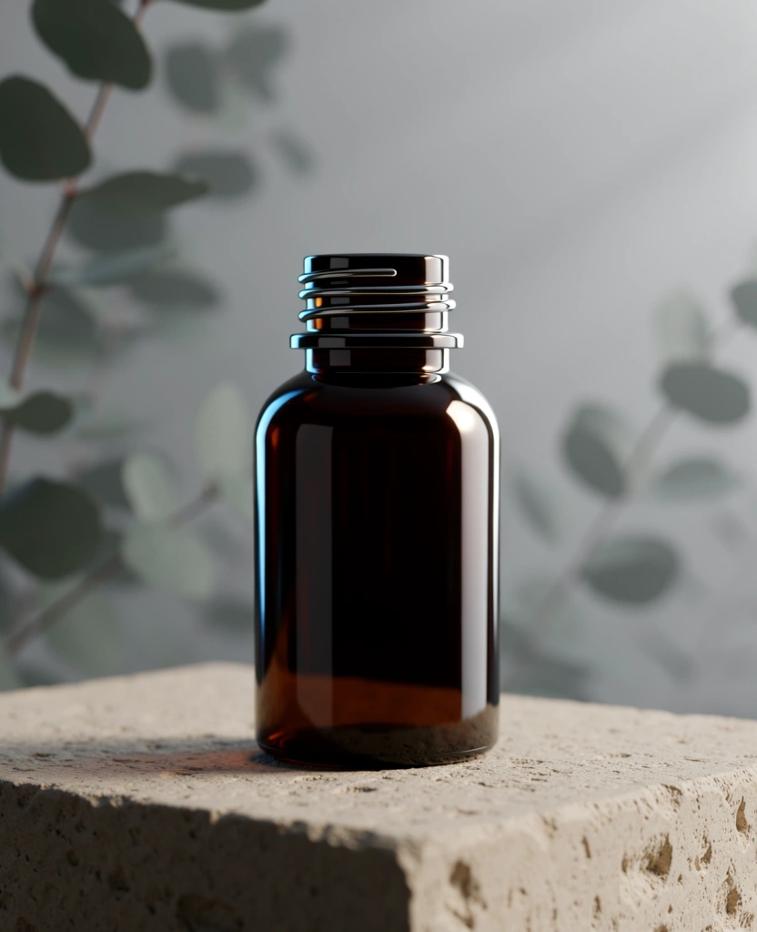 Clinical grade brown apothecary bottle resting on limestone